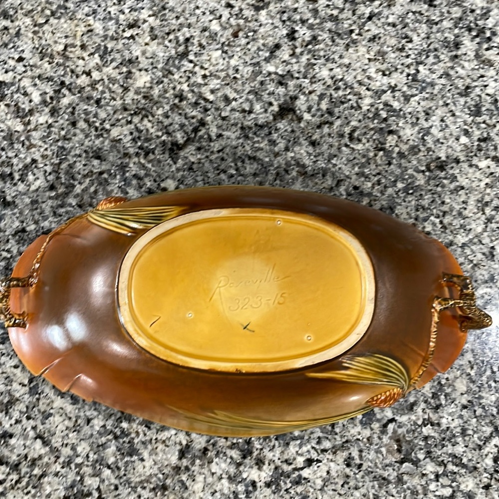 Vintage Roseville Pottery Brown Pine Cone Console Bowl (323-15) - Picture 12 of 16